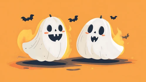 Cute cartoon ghosts and bats on bright orange background.