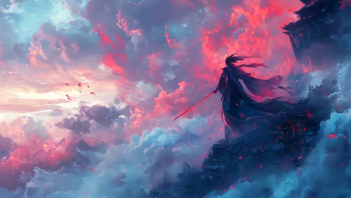 Sword-bearing warrior surveys burning clouds above cliffs