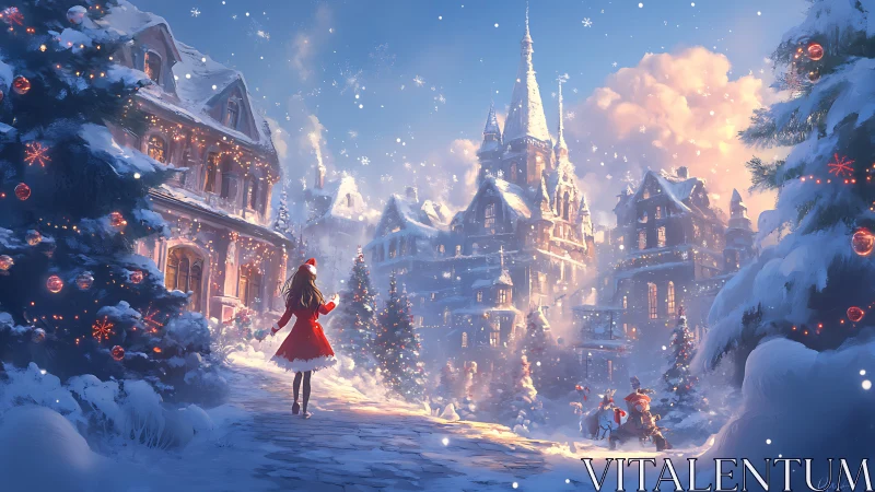 Snow-covered village street contains central festive figure