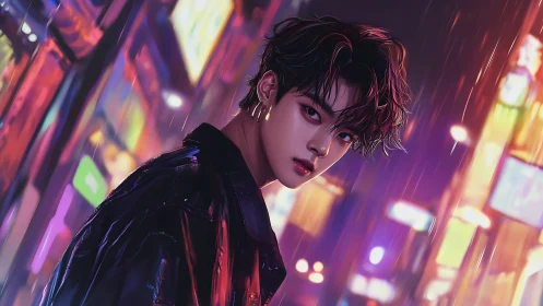 Youth in black jacket under neon city night rain.