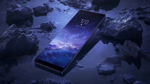 Smartphone in Rocky Landscape with Mountain Display.