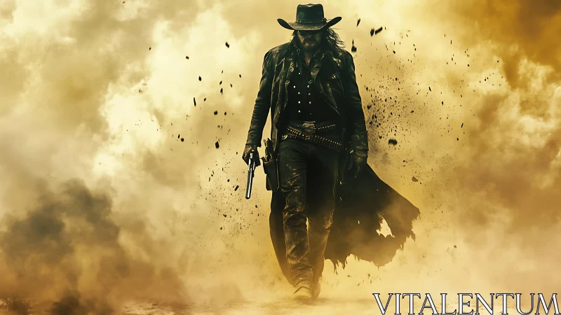 Lone gunslinger in dust-filled western landscape scene.