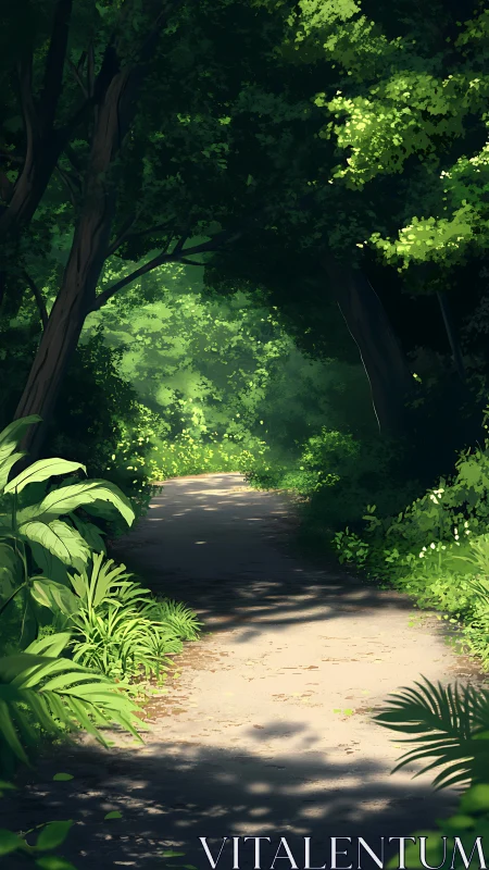 Forest pathway with dense canopy and filtered sunlight
