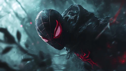 Masked spider-hero in dark forest with red glowing eyes.