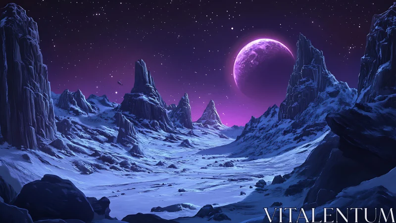 Moonlit alien tundra under neon violet cosmic skies.