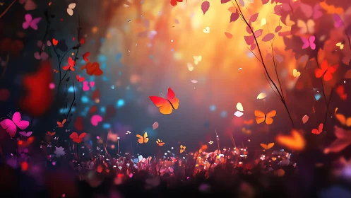 Twilight meadow of glowing butterflies in gentle motion.