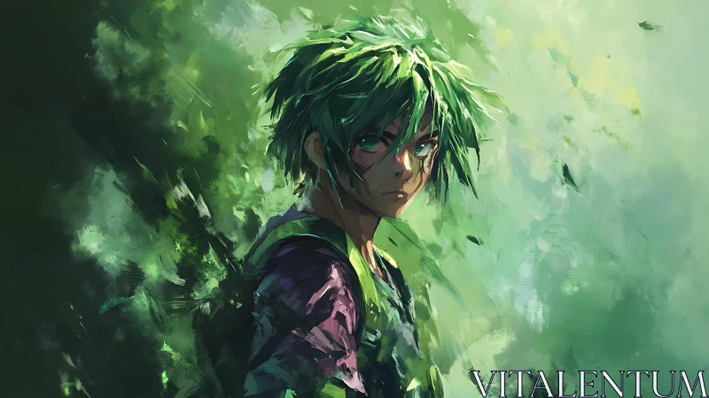 Green-haired warrior in painterly abstract forest light.