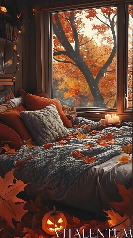 Autumn bedroom vignette unites warm textiles and Halloween decor
