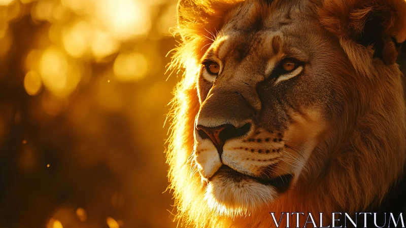 Golden sunlight drapes a calm lion in warm evening glow