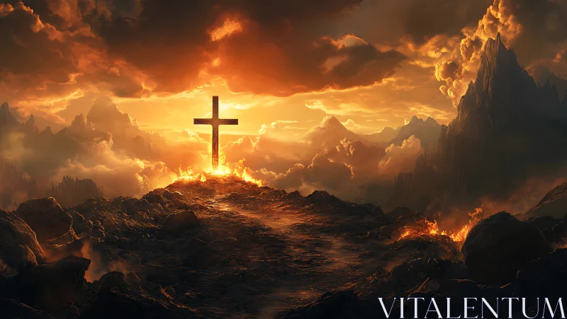 Fiery cross crowns volcanic ridge under apocalyptic sunset sky