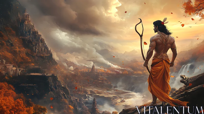 Archer overlooking fortified valley city at sunset panorama.