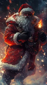 Battle-hardened Santa in snowstorm with dynamic fire lighting