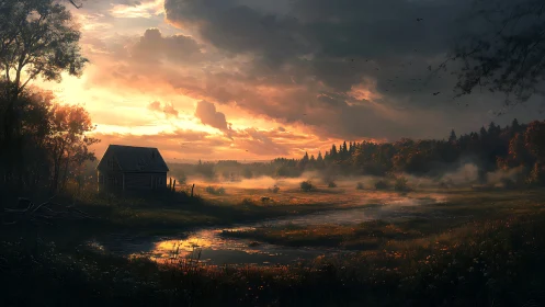 Sunlit misty meadow with cabin under stormy sunset sky.
