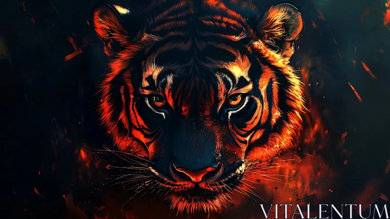 Tiger head occupies central frame under high contrast lighting