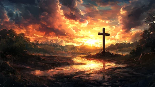 Wooden cross silhouette in sunset-lit wetland landscape.