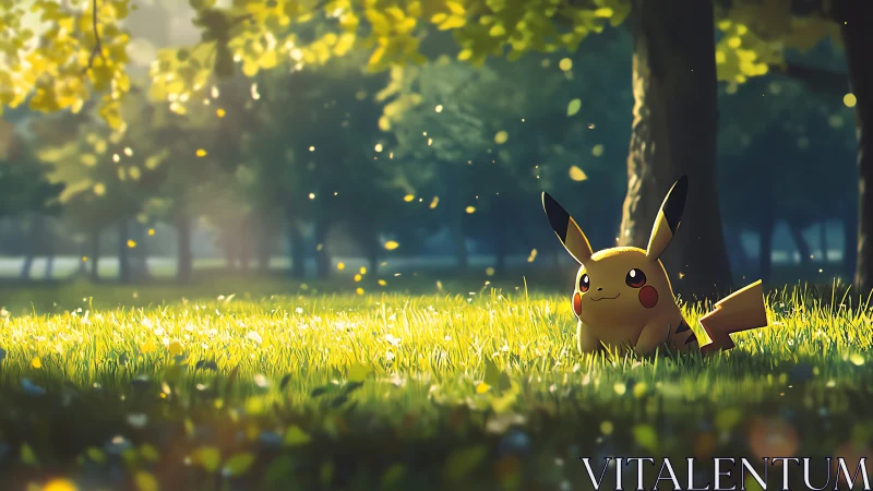 Pikachu enjoys golden sunlight in a peaceful forest meadow
