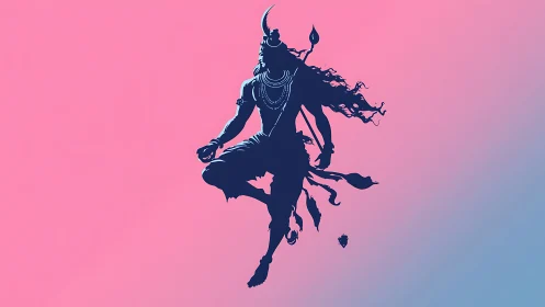 Silhouette of dancing deity against pink blue gradient.