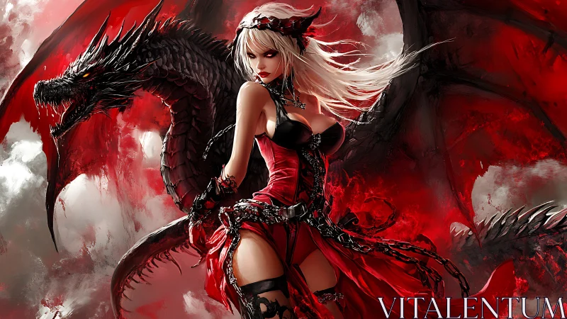 Female warrior stands before red dragon in dynamic composition