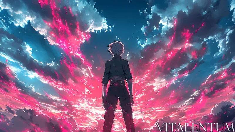 Backlit figure under chromatic skyburst cloud dynamics.