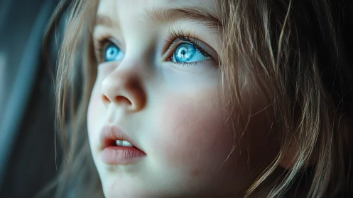 Child with Striking Cerulean Eyes: Hyperrealistic Portraiture Study.