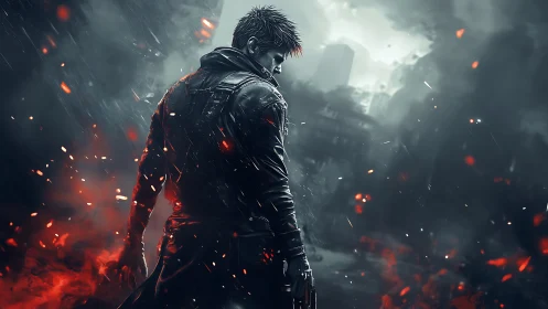 Lone antihero stands amid burning ruins and falling embers.