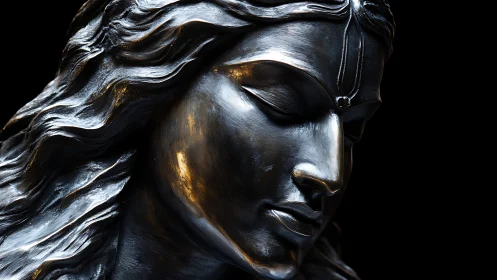 Bronze goddess bust glows with soft rim lighting detail.