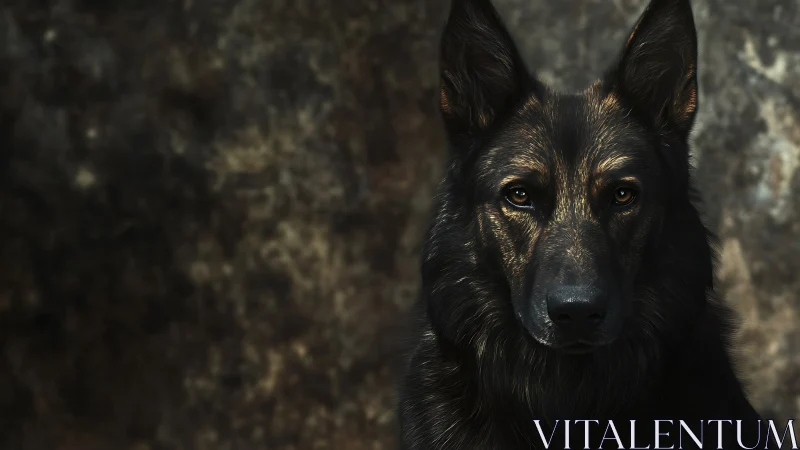 Dark-coated dog is positioned against a textured background