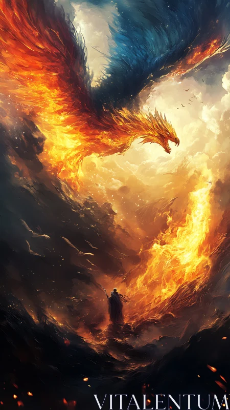 Sky-splitting fire phoenix confronts lone cloaked wanderer.