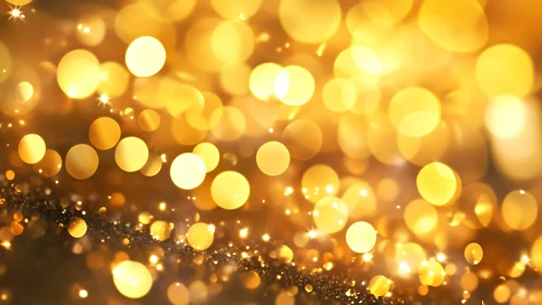 Golden bokeh lights over glittering surface background.