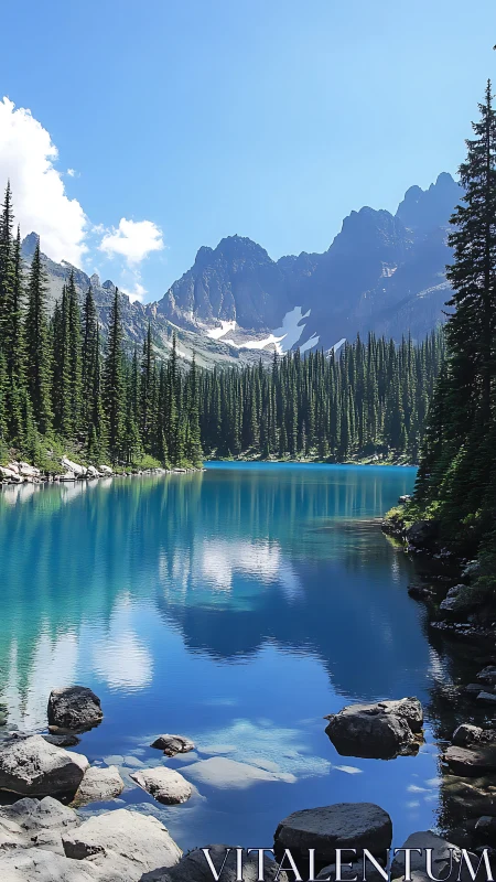 Glacial lake with conifer forest and stratified peaks under clear sky