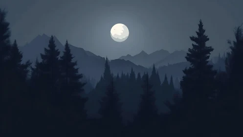 Moonlit mountain landscape with coniferous forest