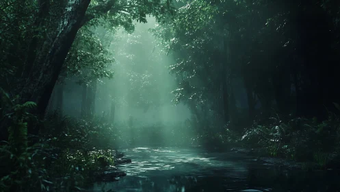 Misty Forest Stream Illuminated by Filtered Canopy Light