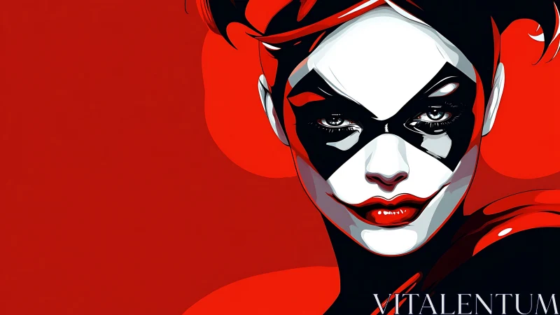 Bold red stylized jester portrait with masked face.