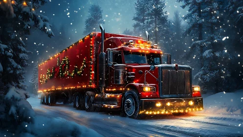 Red semi truck with holiday lights on snowy forest road.