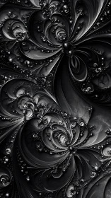 Monochrome fractal swirls forming layered floral structures.