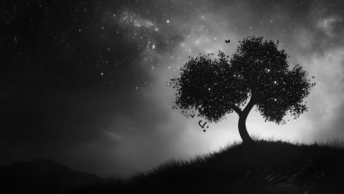Starlit hillside tree glows softly under a dreamy night sky
