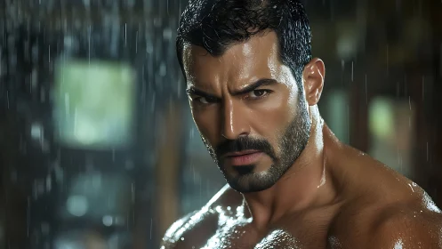 Wet muscular male portrait with intense gaze under rainfall