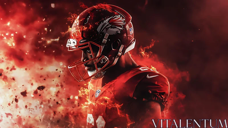 American football player stands in red smoke and embers