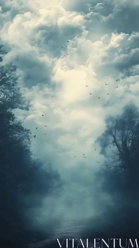 Mist-cloaked forest path dissolving into storm-bright sky.