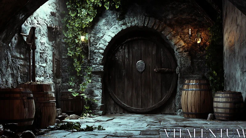 Medieval cellar door with ivy, barrels, and torchlight glow.