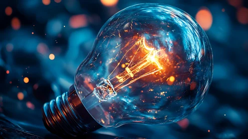 Illuminated light bulb close-up on defocused blue background.