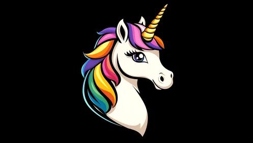 Colorful unicorn head illustration on solid black background.