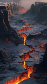 Molten vein of lava carving firelit scars through basalt.