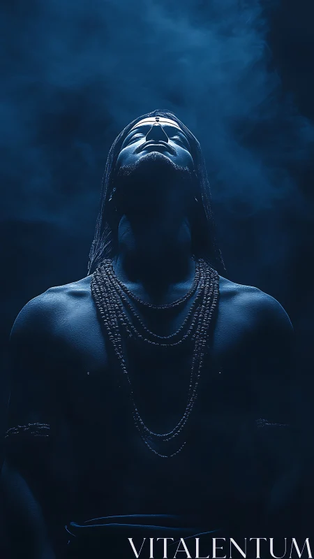 Mystic ascetic silhouette under blue cinematic smoke.