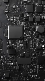 Monochrome circuit board with dense microchip layout.