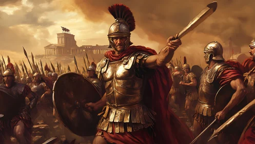 Roman centurion leads legionary charge before distant temple