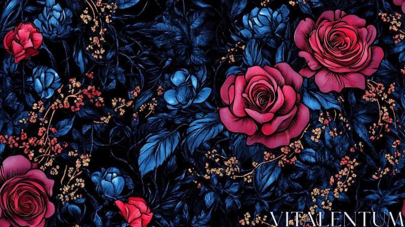 Bold Floral Pattern with Pink Roses and Blue Blossoms.