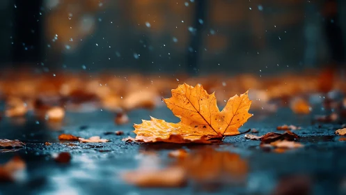 Autumn maple leaf on wet pavement under soft rainfall.