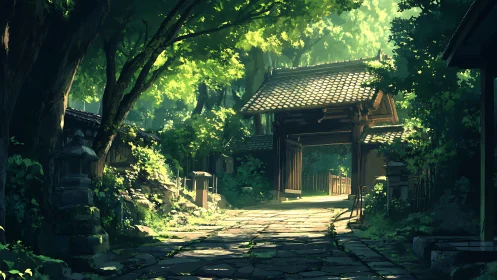 Sunlit stone path leads to traditional wooden gate in forest