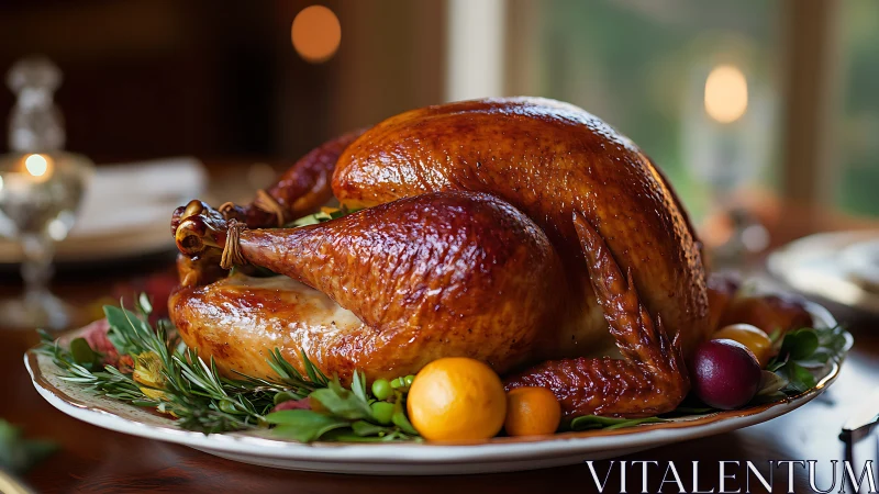 Golden roast turkey on a cozy candlelit holiday table.